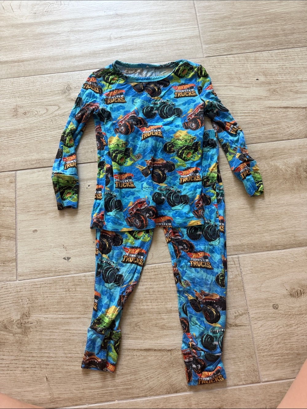 Posh Peanut Blue Monster Truck Pajama Set with Green & Orange Accents